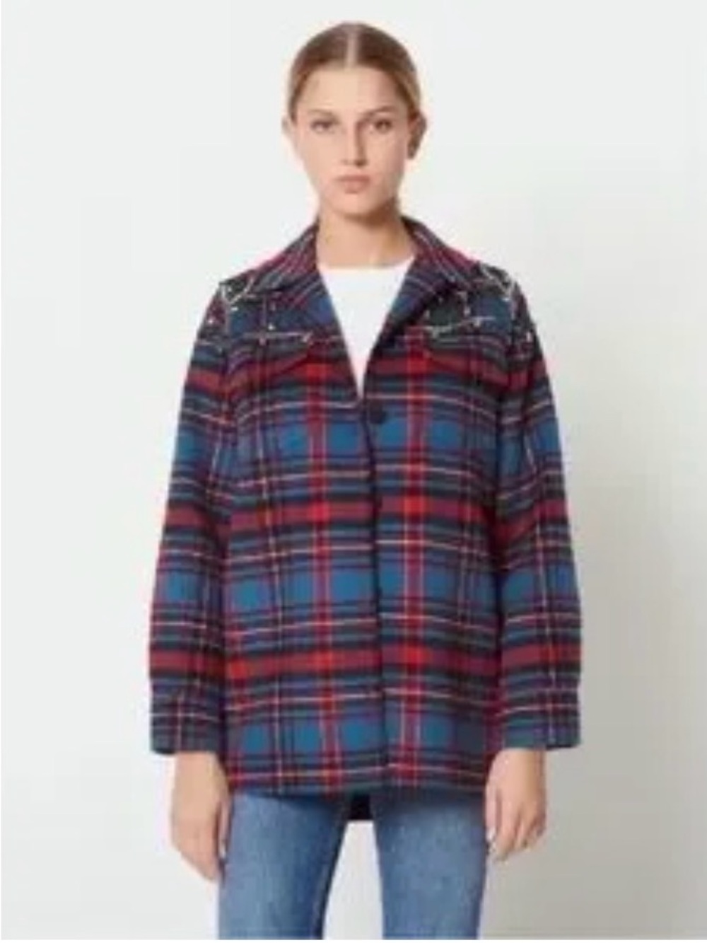 Plaid Wool-Blend Shacket in Blue & Red